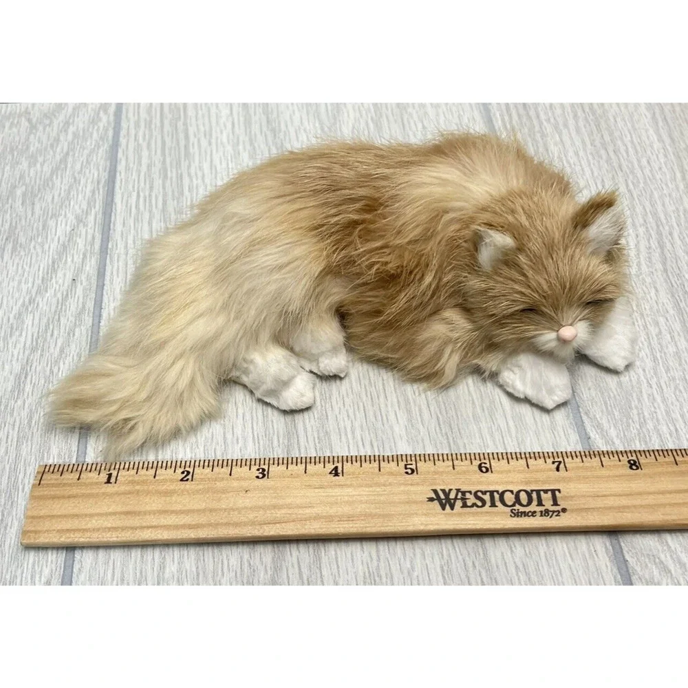 Vintage Realistic Furry Cat Figurine‎ Tan and White Sleeping Cat Soft